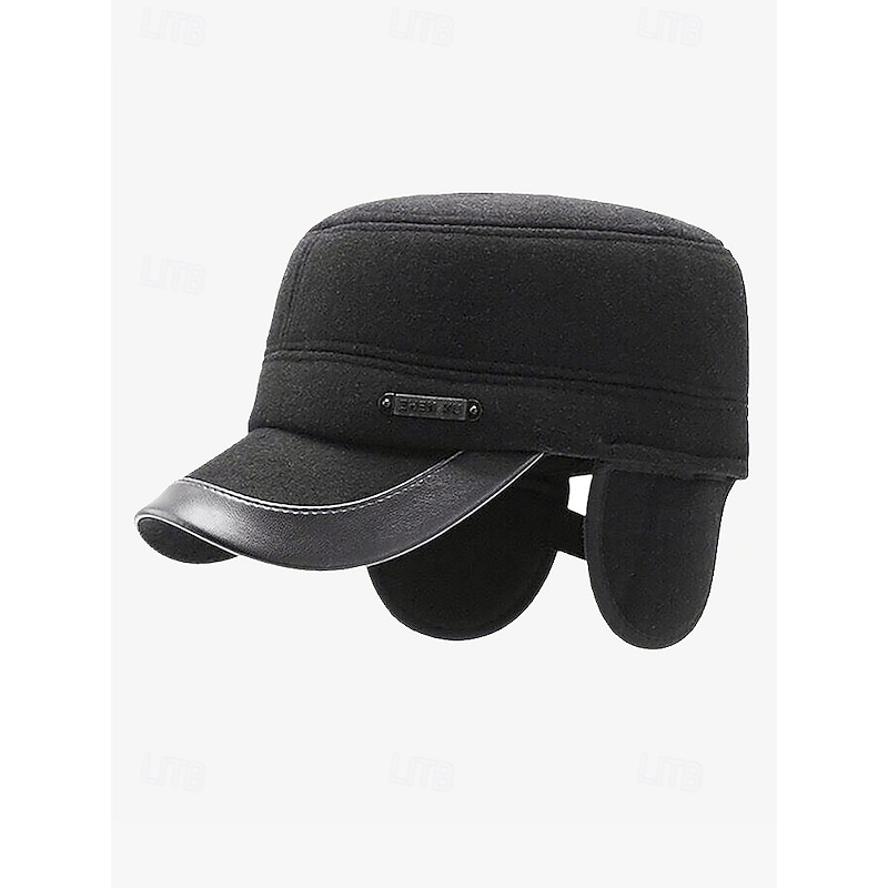 Men's Winter Earflap Cap – Black Faux Wool Blend Hat with Faux Leather Brim, Warm and Windproof Design
