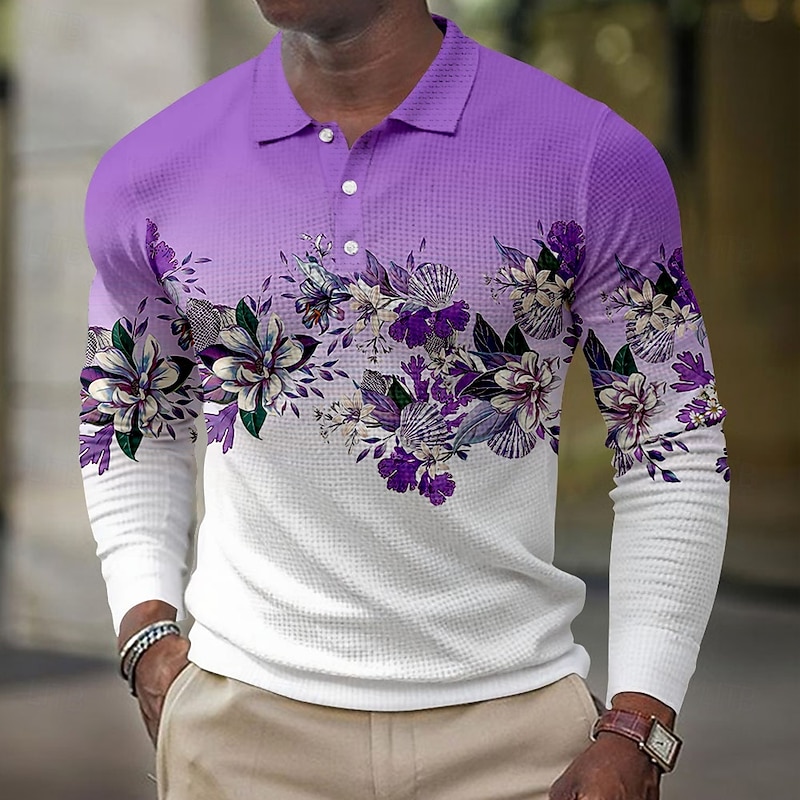 Men's Floral Print Waffle Polo Shirts Long Sleeve Polo Shirts Collared Shirts Casual Outdoor Party Evening Wear Streetwear Buttons Pink Blue Purple3