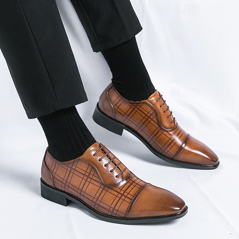 Men's Brown Plaid Pattern Oxford Dress Shoes – Faux Leather Lace-Up Formal Shoes for Office and Business Wear3