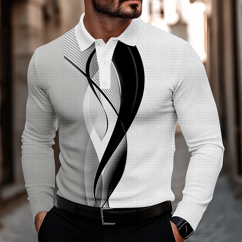 Men's Curve Waffle Polo Shirts Golf Shirt Long Sleeve Polo Shirts Collared Shirts Casual Business Casual Formal Office Dailywear Buttons 3D Print Spring Fall Winter Black Blue Light Grey3