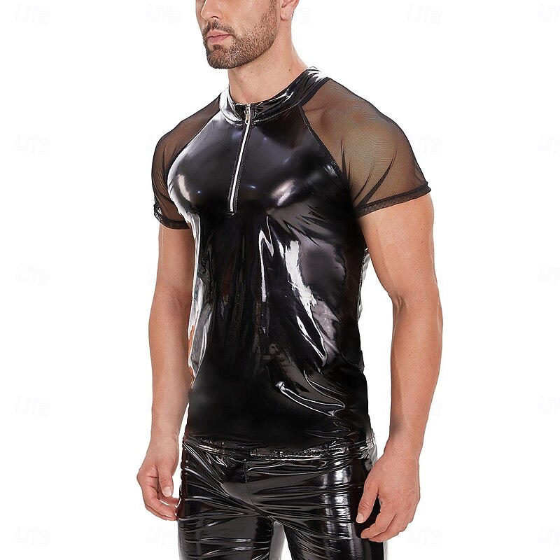 T-shirt Skin Suit Carnival Costume Men's Shiny Metallic Zipper Up Costume for Performance Club Pole Dance Halloween Carnival Adults'3
