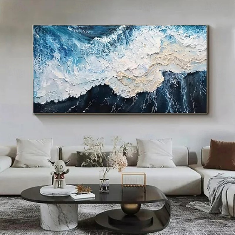 Large Sea Canvas Oil Painting Handmade Blue Sea Landscape Abstract White Wave Painting Textured Sea Painting christmas Gift for Living Room Decor  Beach Painting Textured Wall Art Ocean Wave Painting3