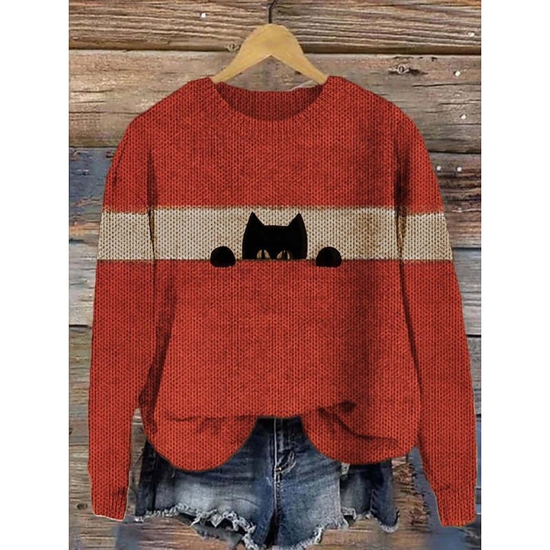Women's Sweater Daily Graphic Crew Neck Print Long Sleeve Regular Tops Knit Formal Weekend Black Red Fall Winter