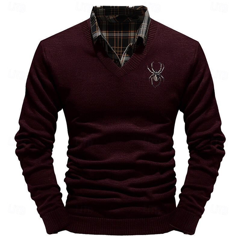 Christmas Men's Spider Pullover Sweater Jumper V Neck Casual Outdoor Daily New Years Eve Sweater Embroidered Knitting Warm Long Sleeve Fall Winter Wine Black White4