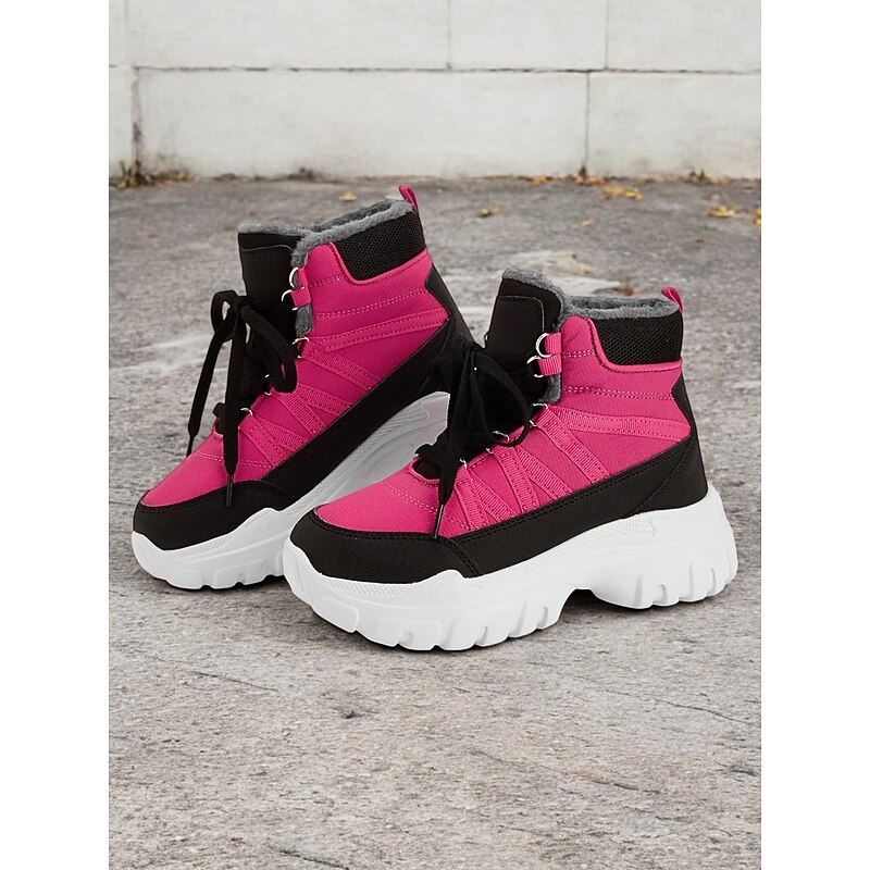 Women's Winter Pink and Black Lace-Up Snow Boots with Fur Lining and Chunky Sole – Stylish and Warm Footwear for Outdoor Adventures3