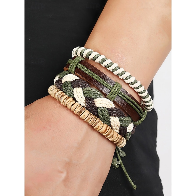 Men's Vintage Woven Bracelet Set – Multi-Layered Braided Leather and Rope Bracelets with Natural Bead Accents, Boho Style Accessory2