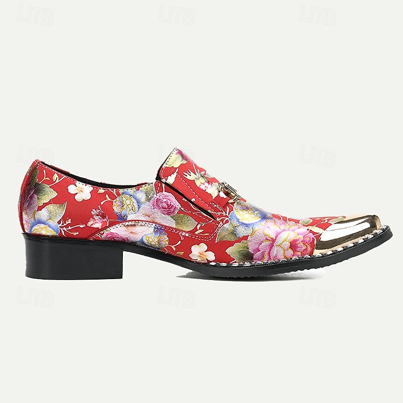 Men's Red Floral Leather Loafers with Metallic Cap Toe and Buckle Detail – Premium Cowhide Statement Shoes for Fashionable Outfits 5