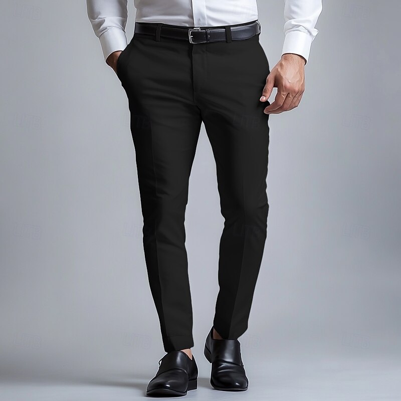 Men's Dress Pants Long Pants Black White Dark Navy Solid Color Micro-elastic Standard Fit 20244