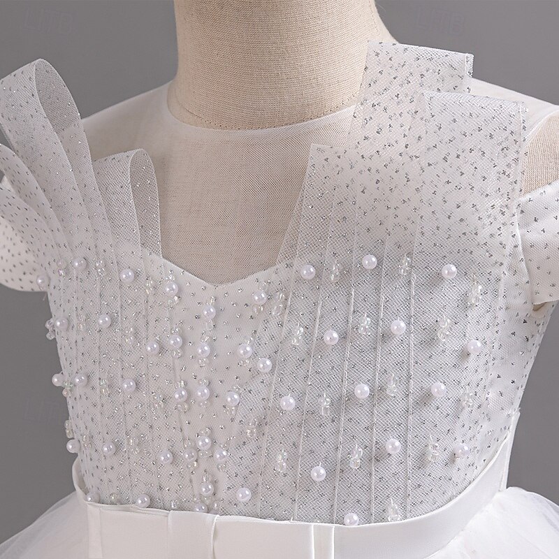 Kids Girls' Party Dress Solid Color Short Sleeve Wedding Special Occasion Ruched Mesh Zipper Adorable Sweet Polyester Asymmetrical Party Dress Summer Spring Fall 4-13 Years White Champagne Pink4