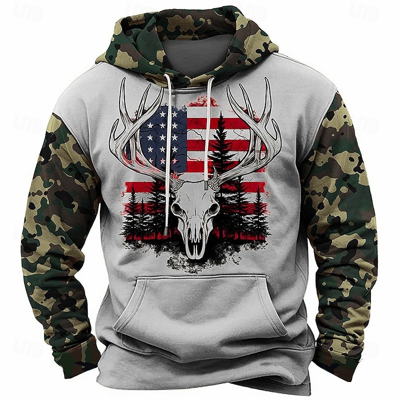 Men's American US Flag Skulls Hoodies Sweatshirt Daily Casual Long Sleeve Hooded Hunting Streetwear Gray Print Front Pocket Spring &  Fall Designer