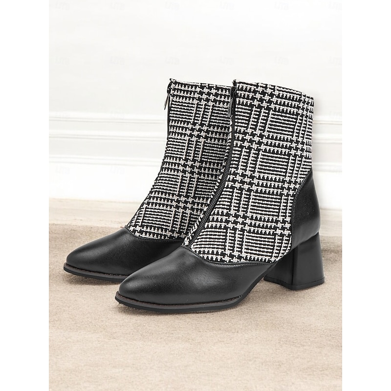 Women's Black and White Plaid Ankle Boots with Block Heels - Retro Houndstooth Pattern, Side Zipper Closure, Perfect for Fall and Winter Casual Outfits2
