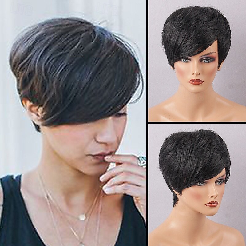 Human Hair Blend Wig Short Straight Natural Straight Bob Pixie Cut Side Part Layered Haircut Black Cosplay Curler & straightener Natural Hairline Capless Burmese Hair Women's All Black 10 inch