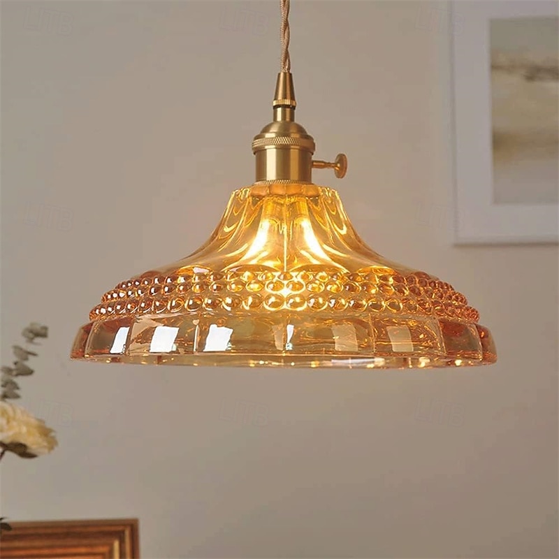 Retro Brass Glass Pendant Light Amber Thic Material Glass Chandelier Blown Glass Drop Ceiling Lights with Adjustable Cord