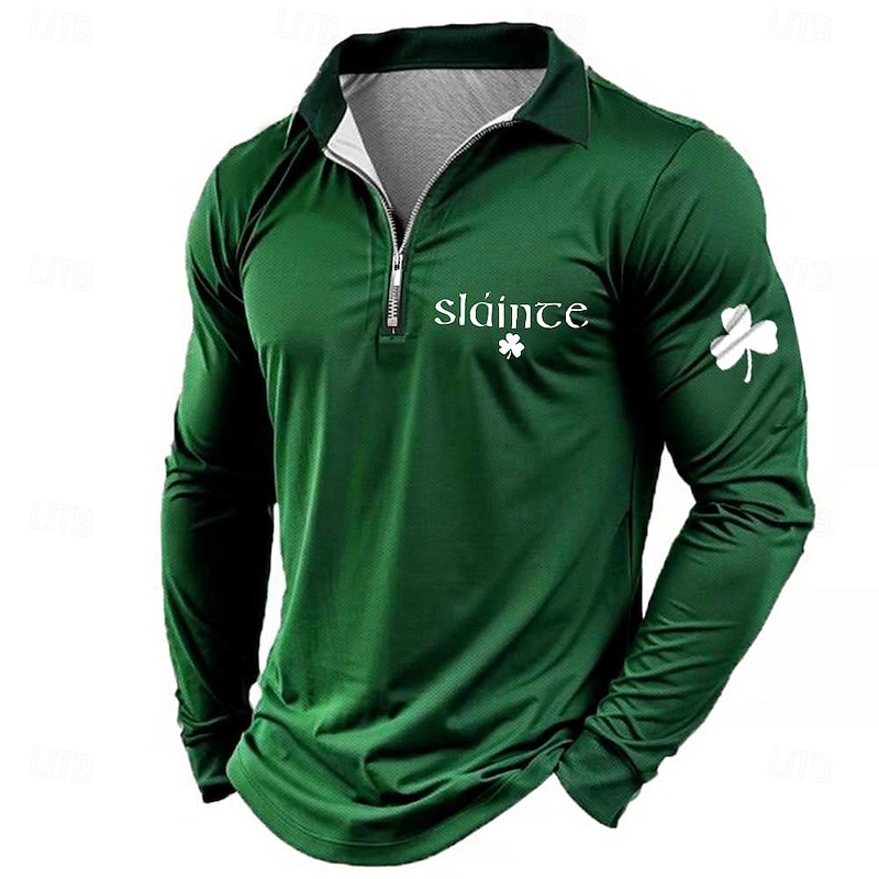 Men's Letter Printed Zip Polo Shirts Golf Shirt Long Sleeve Polo Shirts Collared Shirts Vintage Casual Outdoor Street Dailywear 3D Print Quarter Zip Polo Spring Fall & Winter Black Blue Green