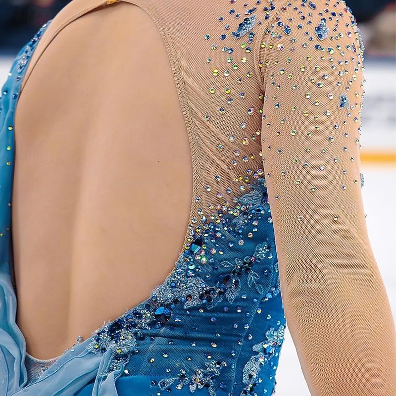 Figure Skating Dress Women's Girls' Ice Skating Dress Sky Blue Patchwork Thumbhole Mesh Spandex Stretchy Training Practice Professional Skating Wear Thermal Warm Crystal / Rhinestone Long Sleeve Ice4