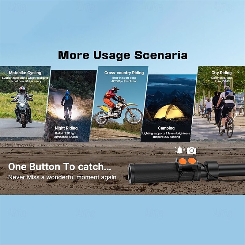 Multifunctional Cycling Camera Bicycle Camera Motorcycle Camera Rainproof 2.0 Inch IPS Color Screen WiFi Connection with LED Flashlight Bike Horn Build-in Battery for Outdoor Cycling 4K 60hz4