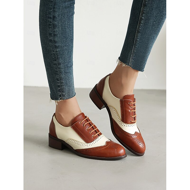 Women's Tri-Color Brogue Oxford Shoes with Wingtip Design and Low Heel - Vintage Formal Footwear for Office and Special Occasions 14
