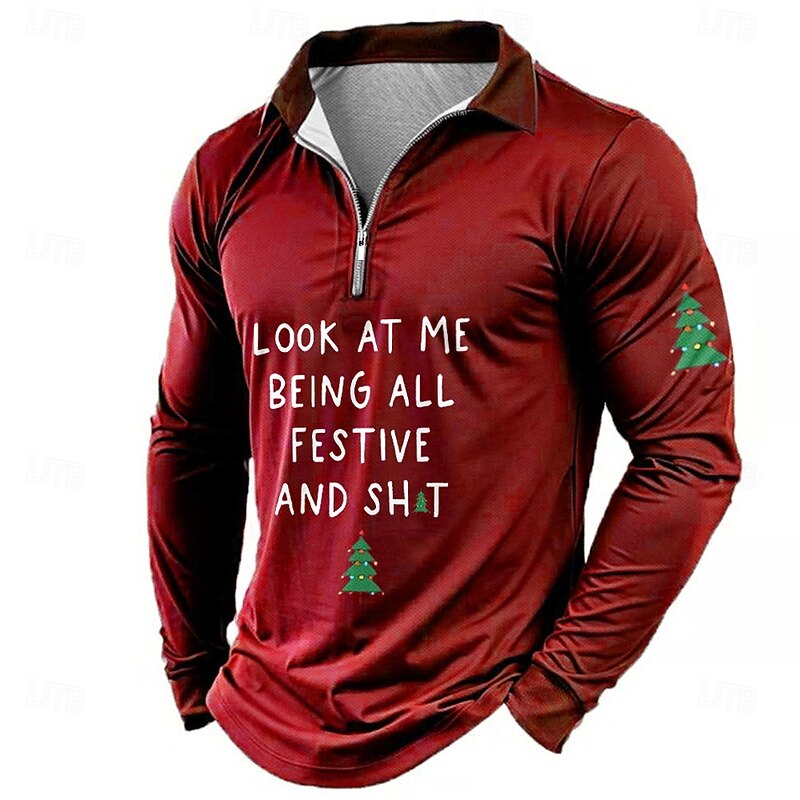 Christmas Men's Christmas Tree Zip Polo Long Sleeve Polo Shirts Collar Vacation Party Evening Wear New Years Eve Shirts 3D Print Spring Fall & Winter Black Red Blue3