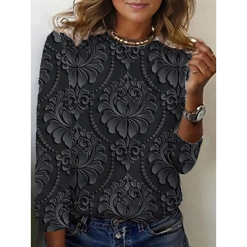 Women's T shirt Crew Neck Long Sleeve Tunic Vintage Modern Casual  Regular Tops Daily Weekend Print Black Blue Brown Green Fall Winter4
