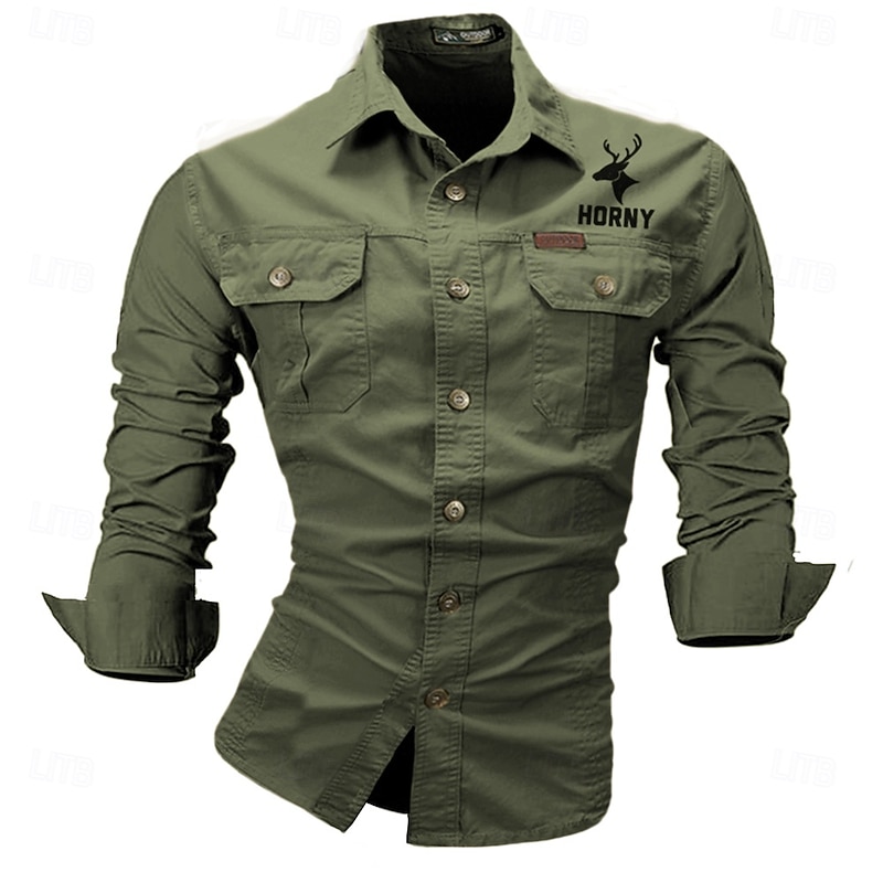 Men's Reindeer Deer Work Shirt Western Shirt Cargo Shirt Long Sleeve Western Casual Going out Hunting Spring Fall Turndown Print Black White Army Green Red Blue2