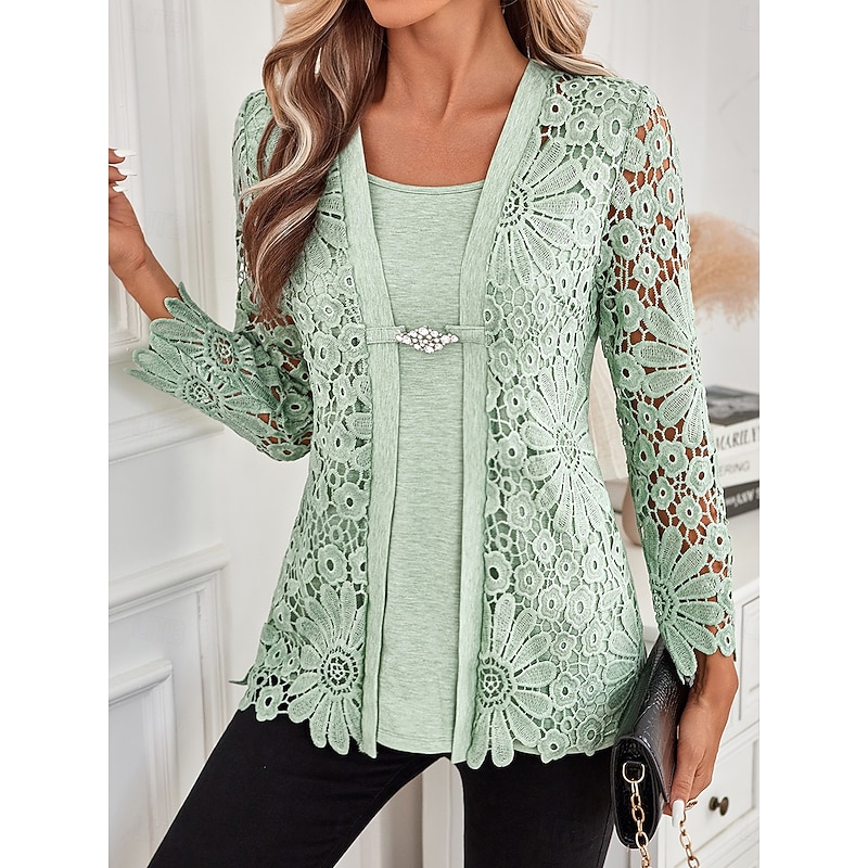 Women's Tunic Elegant Long Sleeve Square Neck Regular Tops Vacation Valentine's Day Daily Lace Buttons Eyelet Light Green Spring Fall
