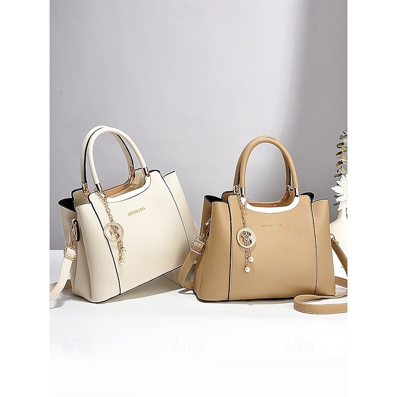 Women's Red Faux Leather Handbag - Elegant Top-Handle Design with Pearl Charm and Detachable Strap for Work, Parties, and Daily Use4