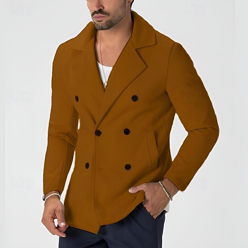 Men's Blazer Trench Coat Casual Daily Lined Traditional / Classic Spring Fall & Winter Woolen Cloth Solid / Plain Color Basic Casual / Daily Double Breasted Blazer Black White Camel Claret-red3