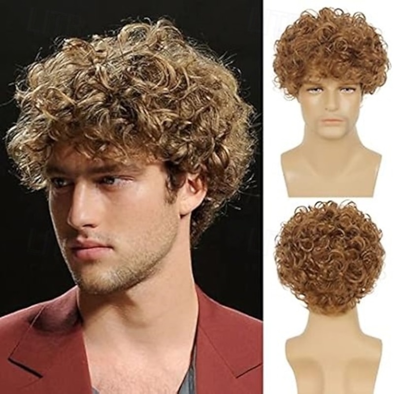 Mens Wig Short Curly Wig Synthetic Costume Replacement Wig for Males - Main Image