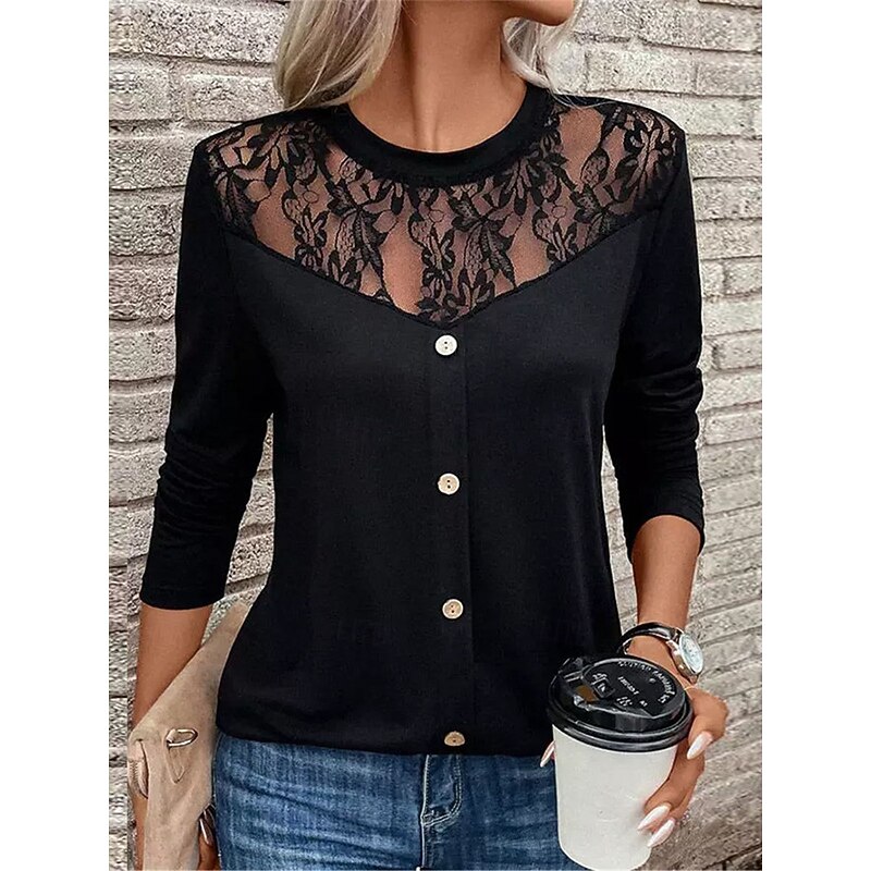 Women's Elegant Lace Tops Eyelet Sexy Blouse Casual Solid Color Regular Tops Long Sleeve Crew Neck Lace Patchwork Buttons Regular Fit Daily Black Romantic Petite Tops Summer Holiday Wear Evening Tops