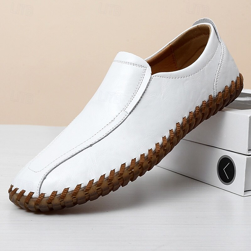 Men's White Faux Leather Slip-On Loafers with Hand-Stitched Sole – Lightweight Casual Shoes for Driving, Walking, and Summer Outfits