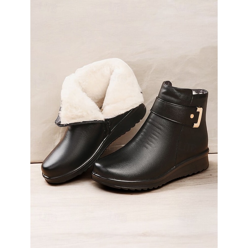 Women's Faux Leather Ankle Boots with Faux Fur Lining – Warm, Slip-Resistant Winter Footwear with Buckle Detail - Main Image