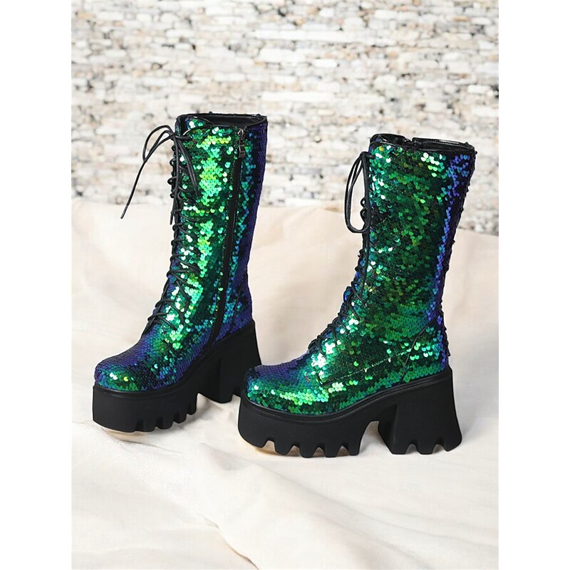 Women's Sequin Lace-Up Platform Boots – Green and Blue Shiny Chunky Heel Boots for Parties, Festivals, and Cosplay4