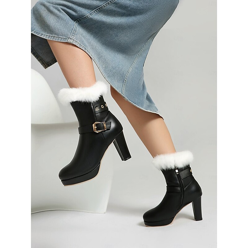 Women's Black Platform Ankle Boots with Faux Fur Cuff, Buckle Detail, and High Block Heels - Stylish Winter Footwear for Parties and Casual Wear3