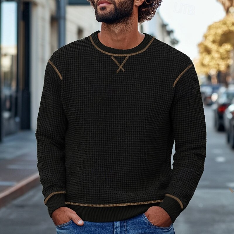 Men's Waffle Tee T Shirt Waffle Knit Tee Long Sleeve Crew Neck Spring Fall Solid Color Knitwear Fashion Daily Color Block Formal Home Office Black Green Top Tee for Men2