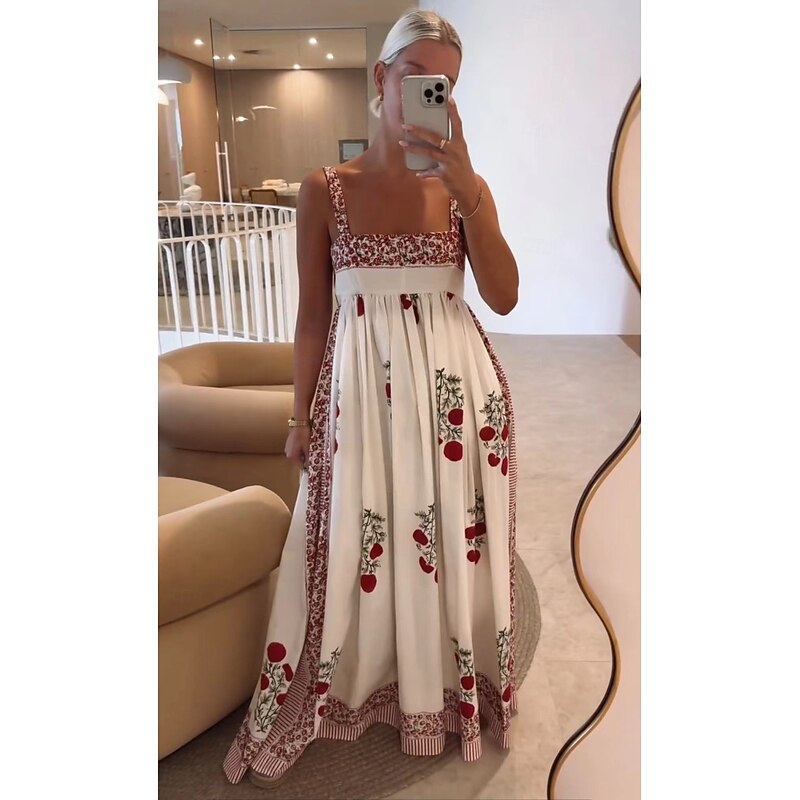 Women's Casual Dress Floral Leaf Print Square Neck Long Dress Maxi Dress Casual Date Vacation Summer Spring2