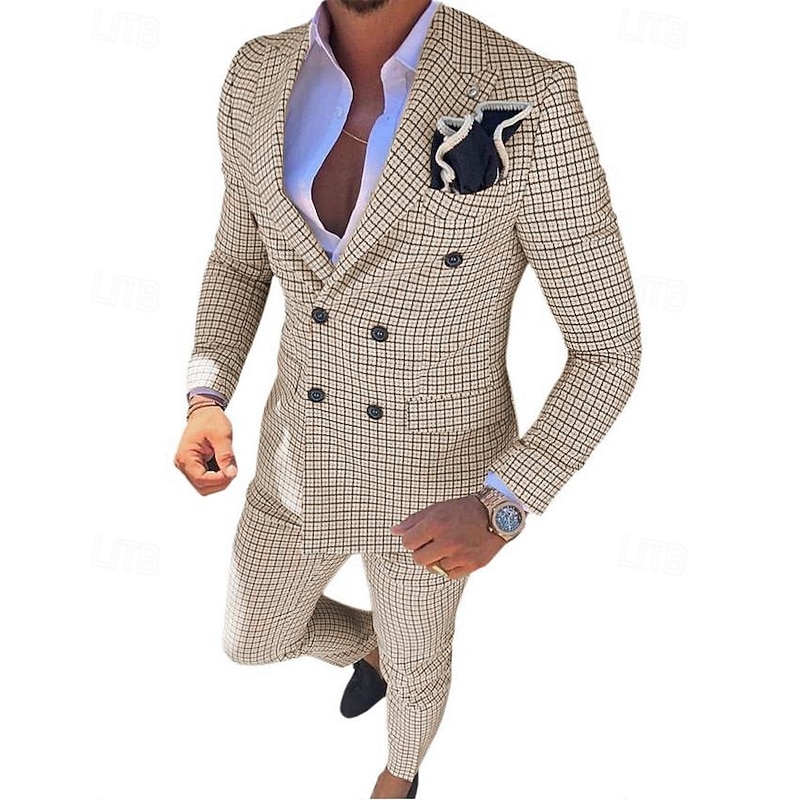 Men's Wedding Suits Closure collar White Pink Checkered Standard Fit 2 Piece Double Breasted Six-buttons2