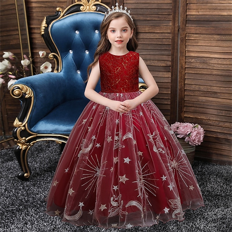 Kids Girls' Party Dress Star Sleeveless Performance Christmas Birthday Mesh Beautiful Sweet Polyester Maxi Party Dress Swing Dress A Line Dress Summer 4-12 Years Pink Red Blue