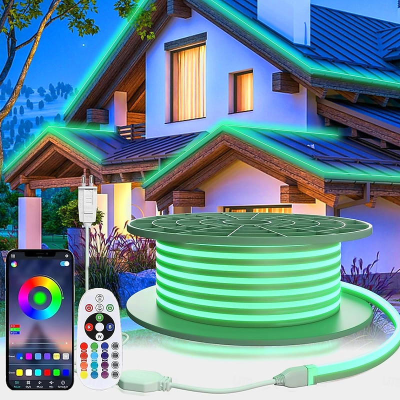 LED Neon RGB Light Strip 3M-30M with Bluetooth & APP Control, Waterproof IP65 Music Sync Multi-Color Flexible Strip for Home, Garden, Building Decor AC220V2