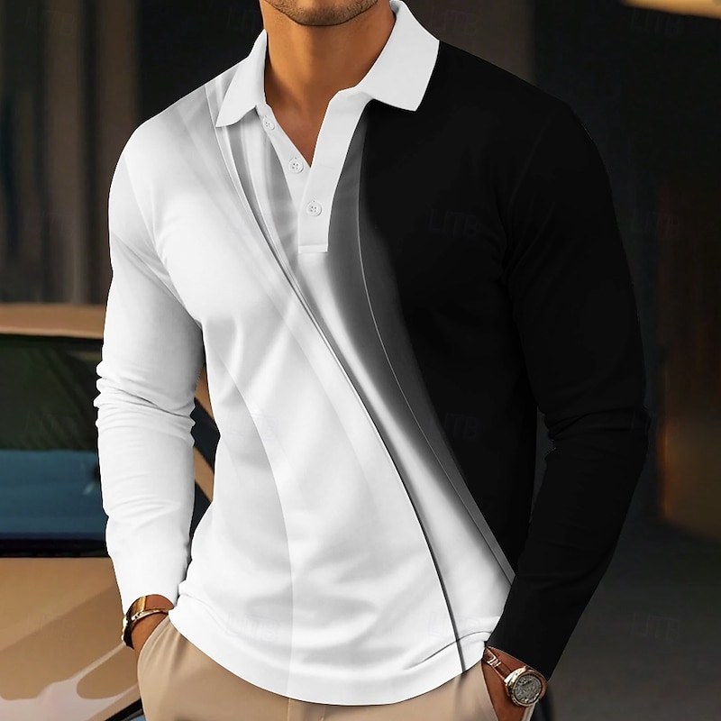 Men's Striped Golf Polos Shirts Long Sleeve Polo Shirts Collared Shirts Business Casual Formal Vacation Dailywear Buttons 3D Print Spring Fall Winter White Red Blue