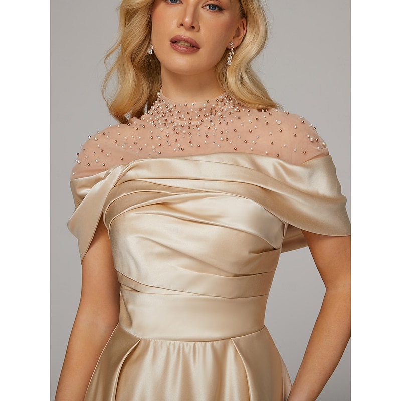 A-Line Evening Gown Elegant Dress Formal Floor Length Short Sleeve Illusion Neck Satin with Ruched Beading3