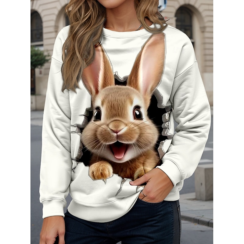 Women's Sweatshirt Casual Rabbit Street Dailywear Crew Neck Print Long Sleeve White Fall Winter