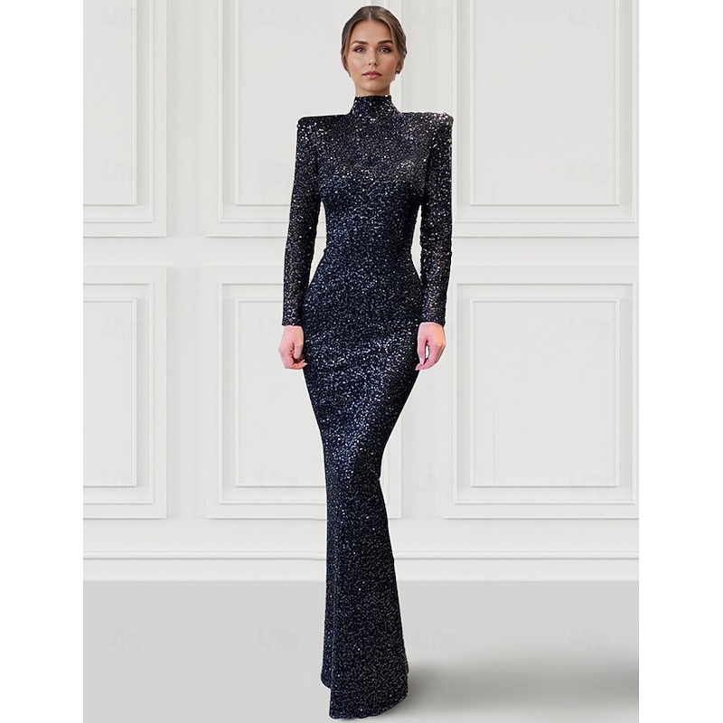 Black Tie Sheath Column Evening Gown Elegant Dress Carnival Formal Floor Length Long Sleeve High Neck Detachable Satin with Glitter Sequin4