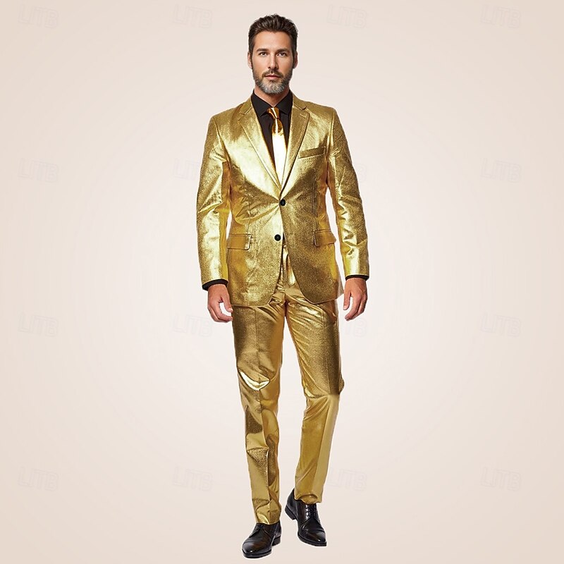 Men's Party Party Evening Wear Suits Notch Lapel Gold Fashion Party Solid Colored Standard Fit 2 Piece Single Breasted Two-buttons