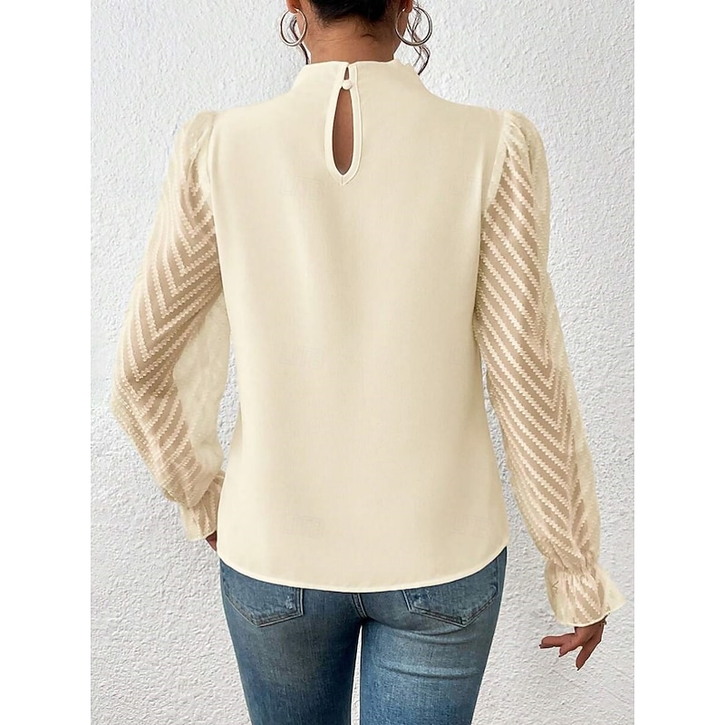 Women's Shirt Blouse Solid Color Basic Casual Long Sleeve Turtleneck Regular Tops Daily Mesh Patchwork Pink Navy Blue Beige Spring &  Fall3