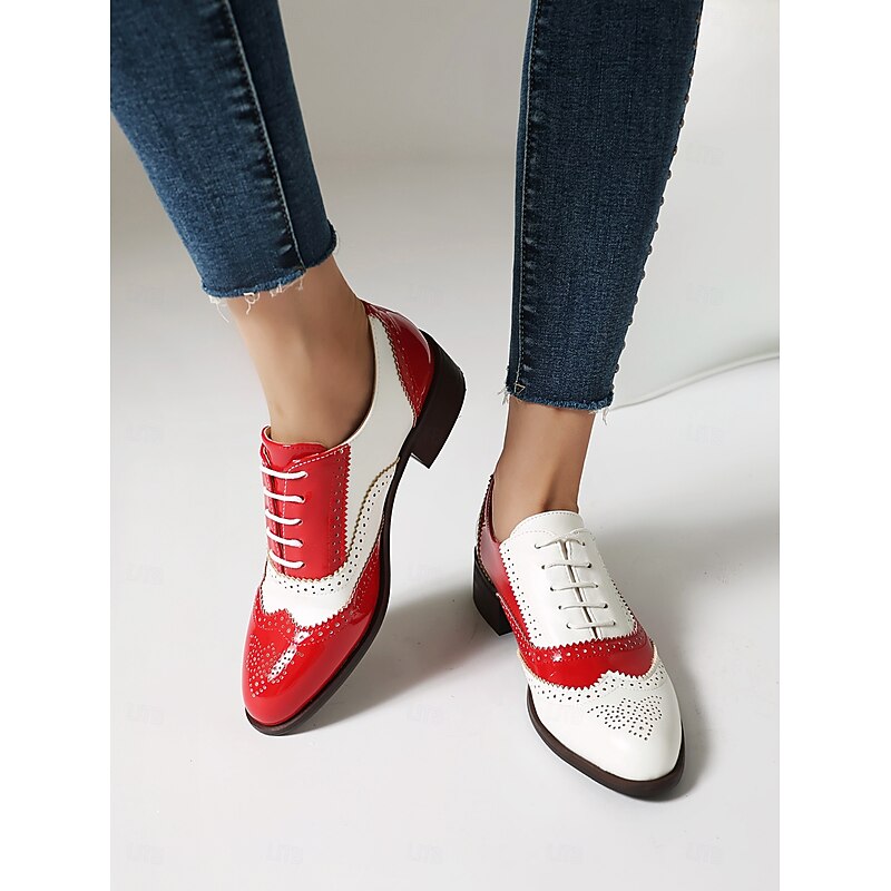Women's Tri-Color Brogue Oxford Shoes with Wingtip Design and Low Heel - Vintage Formal Footwear for Office and Special Occasions 8
