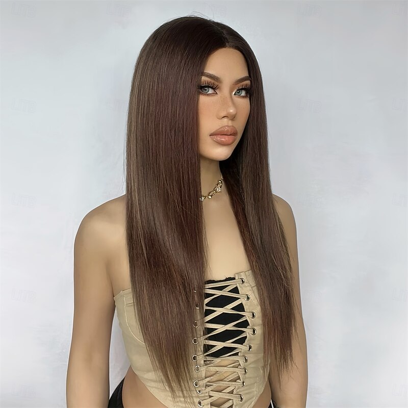 Synthetic Lace Wig Straight Style 26 inch Brown with Golden Highlights Middle Part 13x5x1 Lace Front Wig Women's Wig Light Brown3