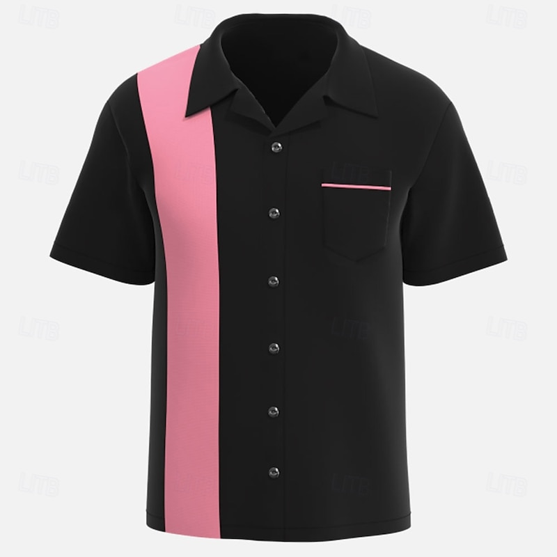Men's Solid Color Bowling Shirt Button Up Shirt Short Sleeve Sporty Sport Traveling Summer Turndown Pocket Black White Pink Red3
