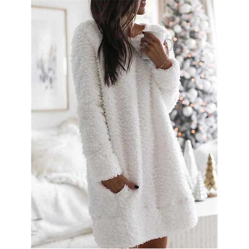Women's Sweater Dress Mini Dress Patchwork Casual Round Neck Long Sleeve Black White Pink Color2