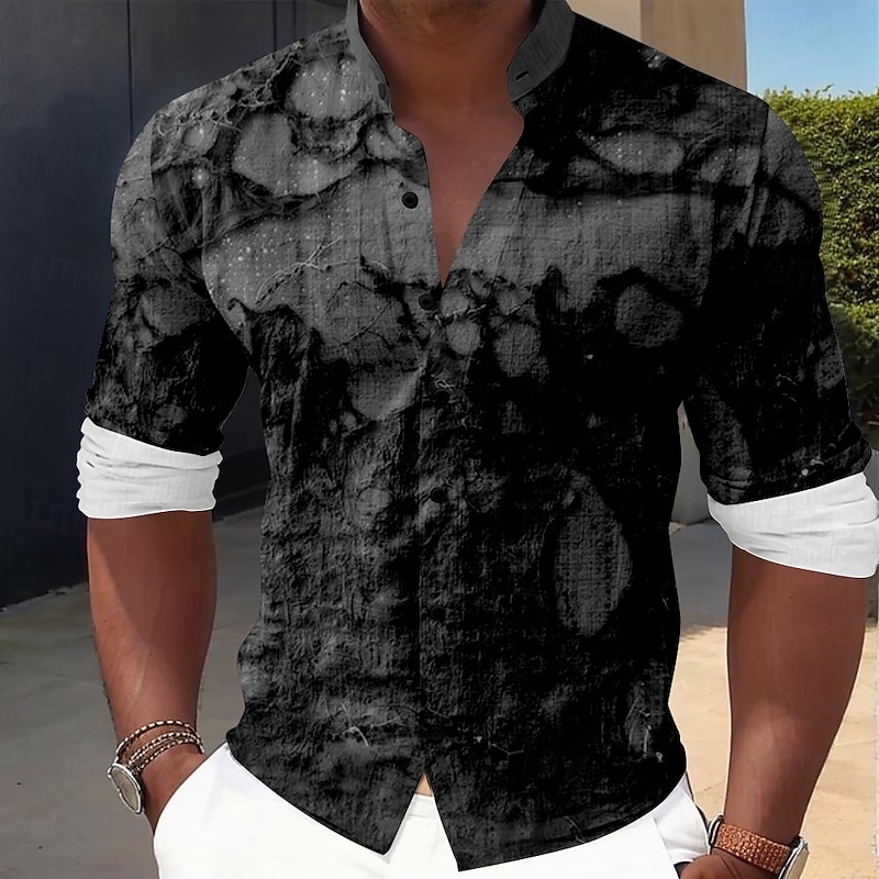 Men's 3D Print Dress Shirt Button Up Shirt Long Sleeve Business Casual Vacation Office Daily Summer Spring &  Fall Grandad Collar Band Collar 3D Print Black White Light Brown Gray