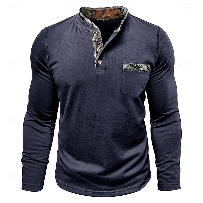 Men's Button T Shirt T Shirt Henley Shirt Tee Long Sleeve Henley Spring &  Fall Color Block Fashion Designer Basic Patchwork Front Pocket Vacation Street Going out Black White Royal Blue Top Tee for2